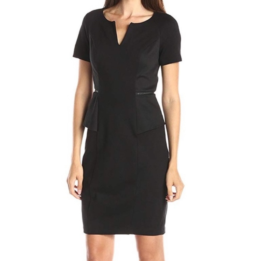 NYDJ Black Bridget Peplum Short Sleeve Ponte Dress